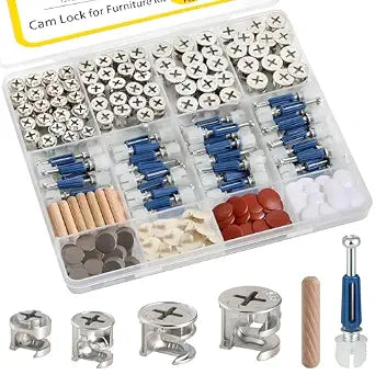 138PCS Cam Locks for Furniture Assortment Kit,3-in-1 Eccentric Hardware Wheels,Furniture Cam Lock Fasteners with Multi-Size Nuts,Bolts,Wood Dowel Pins,Repairing Cabinet,Closet,Drawer