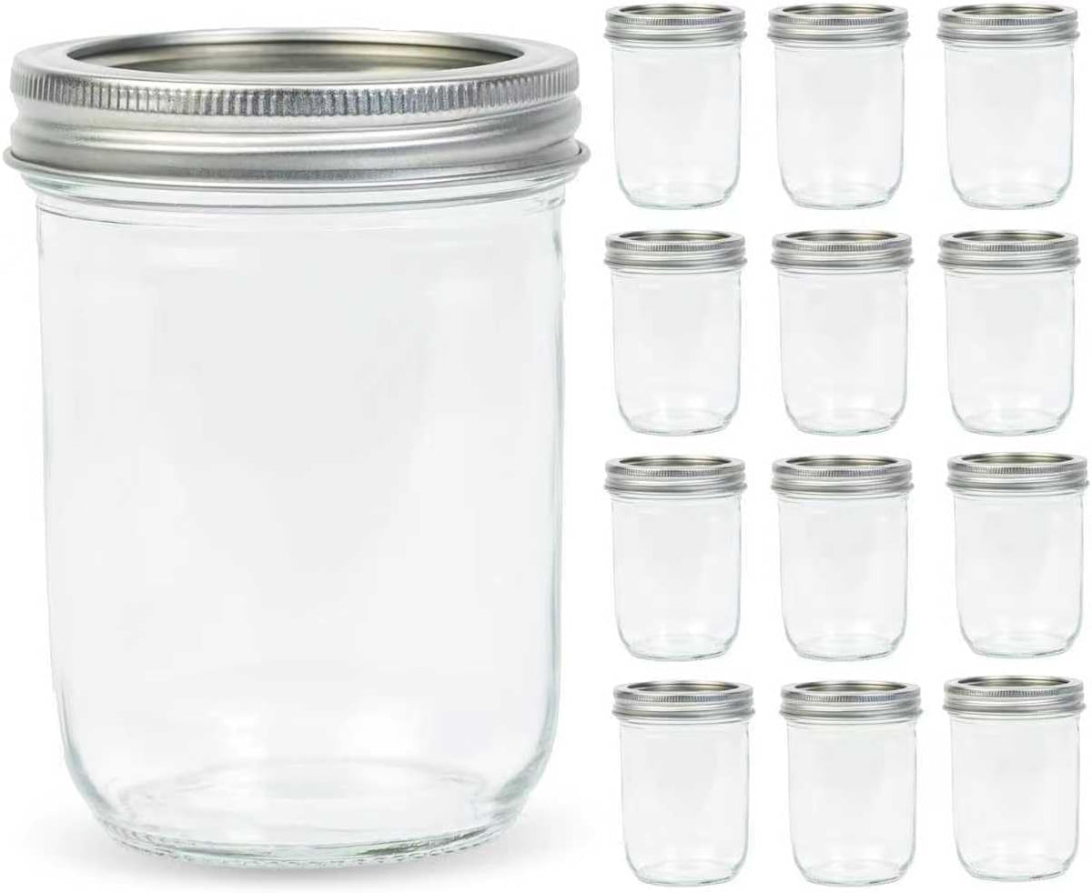 12 Pack 16 oz Wide Mouth Clear Mason Jars with Silver Metal Lids, Canning Jars for Overnight Oats, Food Storage, Dry Food, Snacks, Candies and More, 16oz mason jars