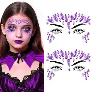 Halloween Face Gems Rhinestones Purple Face Jewels Stickers Crystal Body Eye Temporary Tattoo for Women Makeup Holiday Party Cosplay Accessories 2Pcs