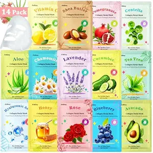 ANKOOY 14 Pack Face Masks Skincare,Collagen Face Mask Hydrating Sheet Mask,Travel Essentials,Gifts for Teens Girls Women,Birthday Gifts,Spa Party Gifts,Bulk Facial Mask Skin Care for All Skin Types