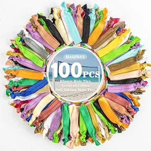 MAQIHAN 100 PCS Soft Ribbon Hair-Ties - Elastic No Crease Ribbon, Knotted Hair Tie, 20 Colors for Woman, Girl