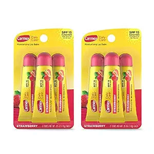 Carmex Daily Care Moisturizing Lip Balm with SPF 15, Strawberry Lip Balm Tubes, 0.35 OZ Each - 3 Count (Pack of 2)