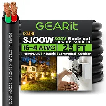 GEARit 25ft 16/4 SJOOW Portable Cord, 16 AWG 4 Conductor 300V Flexible Electrical Cable, Flexible Stranded Copper Power Wire for Control Wiring, Portable Equipment, Battery Chargers, Small Tools