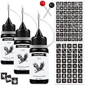 3 Packs Black Temporary Tattoo Ink & Stencils Kit for Adults Teens for DIY