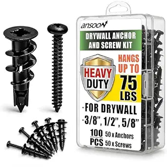 100Pcs #8 Self Drilling Black Metal Wall Anchors & Screws kit for Drywall