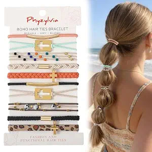 10 PCS Boho Hair Ties Bracelet for Women, 5 Styles Nylon Elastic Hair Bands