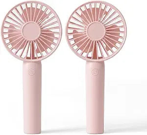 Portable Handheld Fan 2 Pack, USB Rechargeable Mini Fan, Ultra Quiet, 3 Speeds with Phone Holder Base, All Day Battery for Outdoor Indoor (Pink)