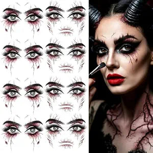 8 Sheets Halloween Eye Shadow Face Tattoo Stickers Red Blood Vessels Streaks Spider Web Ghost Vampire Eyeshadow Temporary Tattoos for Zombie Nurse Cosplay Make Up Decorations