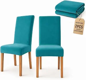 Deisy Dee Velvet Stretch Dining Room Chair Covers - Colorful and Washable Parson Chair Slipcovers - Stretchable Removable Furniture Protectors (2, Turqouise)