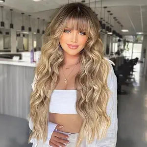 AISI HAIR Blonde Wig with Bangs Long Wavy Wig for Women 26 Inch