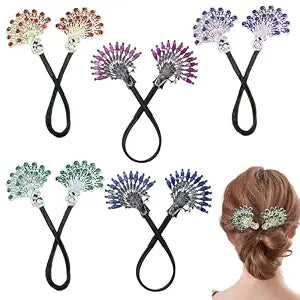 5 PCS Crystal Hair Bun Maker Peacock Shape Twist Hairstyle Bun Fashion Lazy Hair Curler Elegant Rhinestone Hair Clips Bun Maker for Long Hair, Easy Fast Snap Roll Hair Tool for Women Girls （2 Styles）