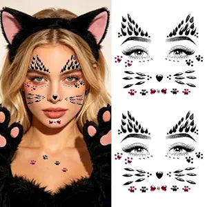 Crystal Cat Face Gem Stickers ï¿½ï¿½ï¿½ 2 Sheets Cat Print Jewelry Face Gems, Sparkly Rhinestone Temporary Tattoos for Women, Black Cat Costume Accessories for Halloween Makeup & Party C