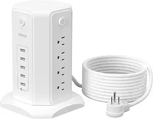 Surge Protector Tower Power Strip 15 ft, NTONPOWER Multiple Outlets Extension Cord with 8 Outlets 5 USB Charging Station, Individual Switch, Flat Plug, Circuit Breaker for Home Office Dorm Room White