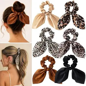 6 Pcs Small Leopard Print Scrunchie Bow for Women, Satin Hair Ties No Slip