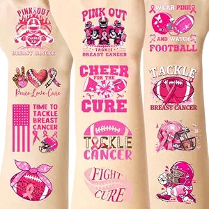 YanZonic 192Pcs Pink Ribbon Breast Cancer Pre-Cut Tattoos Temporary, Pink Out Accessories for Spirit Week Football, 16 Sheets, 24 Styles