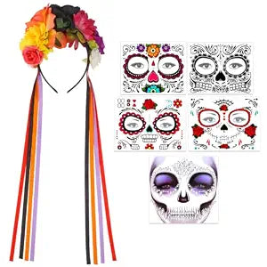 HOWAF Day of the Dead Women Costume Flower Crown Face Tattoos