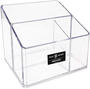 Isaac Jacobs Clear Acrylic 3-Compartment Organizer, Remote Holder & Multi-Functional Makeup, Brush, Pen & Pencil Storage Solution, for The Home, Bathroom, Office, Childs Desk (3-Section, Clear)