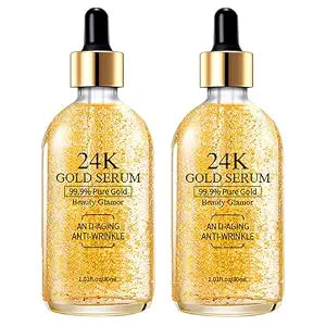 24K Gold Serum for Face, 2Pack Skin Tone Even Anti Aging Moisturizer with Vitamin,Glow Collagen Booster Serum Hyaluronic Acid for Dark Spots & Fine Lines, 2.02fl oz