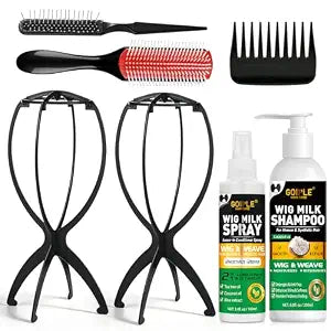 Wig Head Stand with Wig Brush Comb Set Travel Wigs Holder Comb Set for Women Human and Synthetic Hair | 2in 1 Wig Milk Spray & Shampoo Hydrates & Moisturizes, Promotes Silkiness & Shine Easy Combing