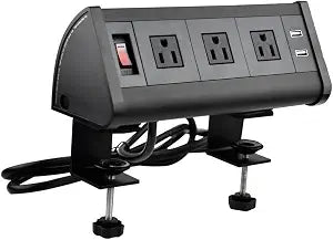 Table Edge Mount Power Strip Desk Clamp Power Sockets with 3 AC Power + 2 USB Charger +1 Switch for for Home Office Hotel (Black)