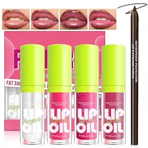 HOSAILY 4 Colors Hydrating Lip Oil Plumping + Lip Liner Set, Shiny Glow Reviver Lip Care Oil, Moisturizing Big Brush Head Clear Pink Glitter Transparent Lip Gloss Combo Makeup Present for Women