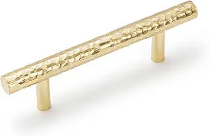 6-Pack Solid Brass Kitchen Cabinet Pulls, Gold Modern T-Bar Handles, 3-Inch Hole Center Hammered Handles for Dresser Drawer Cupboard, 4-13/16 Inch Total Length, Polished Finish