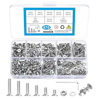570 Pcs M3 Screws Set, Metric Screw Assortment, Metric Machine Screw Assortment, Countersunk Bolts and Nuts Set, 304 Stainless Steel Flat Head Hex Socket Cap Screws Bolts with Washers