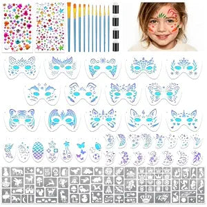 58PCS Face Paint Stencils Kit Includes 36 Reusable Facial Painting Stencils, 6 Sheets Tattoo Templates Stickers, 10 Brushes, 2 Pack Adhesive Gems, 4 Sponge for Halloween Festival Party Makeup