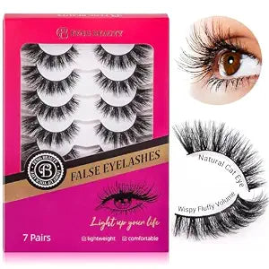 Dramatic Cat Eye Lashes - Fluffy Volume False Eyelashes with Lightweight Comfort, Easy Apply Winged Style (8-16mm), Reusable Glam Lashes for All Eye Shapes, 7 Pairs Full-Strip Lashes