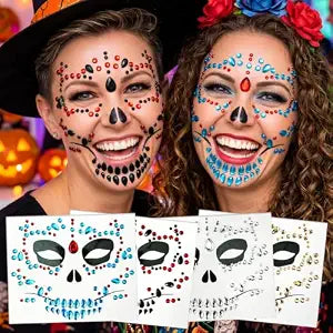 Kotbs Day of the Dead Skull Face Gems, Rhinestone Face Stick On - 4 Pack