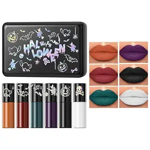 6 Colors Matte Liquid Lipstick Set for Women, Halloween Cosplay Goth Makeup, Waterproof Long Lasting Lip Stain Non Stick Cup Lip Gloss, Black White Green Purple Red Orange Shades