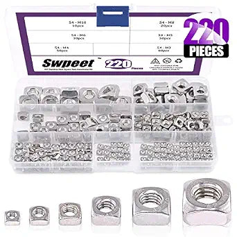 Swpeet 220Pcs 304 Stainless Steel 6 Sizes Metric Square Nuts Assortment Kit, Machine Screw Nuts Metric Coarse Thread - M3 M4 M5 M6 M8 M10