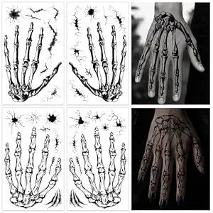 Konsait Halloween Skeleton Hand Tattoos, 4 Sheets Realistic Skeleton Hand Bone Cracked Skin Makeup Tattoos for Halloween Party Costume, Cosplay & Festival Look