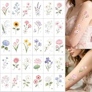Floral Flower Temporary Tattoos for Women, 30 Sheet Pre Cut Individual Sunflower Violet Plum Blossom Lotus Flower Temp Fake Tattoo Sticker for Kids Adult Girls Birthday Party Favor Body Art Decor T33