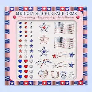 MEICOLY 4th of July Face Gem, Self Adhesive Hair Gems Jewels Rhinestone Stickers, Red White Blue Heart Star Glitter,Fourth of July 3D USA Flag Face Stars
