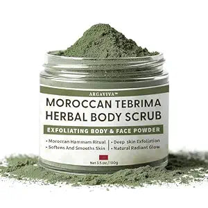 Moroccan Tebrima Herbal Exfoliating Body Scrub Powder | Natural Body Exfoliator for Women & Men, Gentle Bikini Exfoliating Scrub with Nila, Henna, Rose & White Clay for Smooth, Glowing Skin