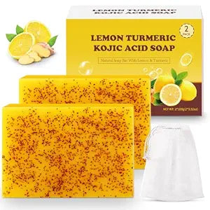 Lemon Turmeric Kojic Acid Soap Bar, Turmeric Soap Bar with Vitamin E for Dry Sensitive Skin, Lemon Soap for Face, Body Hands 2 Bars