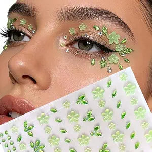Green Flower Face Gems Stickers - Summer Face Jewelry with Floral Rhinestone Decals, Self-Adhesive Green Face Tattoos for Festival Makeup, Halloween Costume, Christmas Cosplay, Nail & Body Art