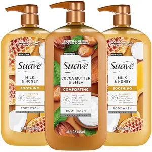 Suave Body Wash, Milk & Honey + Cocoa Butter Shea 3-Pack, 30 Oz Ea