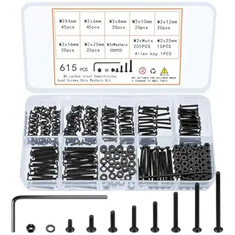 615 Pcs M2 Screw Assortment, M2 Bolts and Nuts Kit, Hex Socket Button Head Cap Screws and Nuts and Washers Set, Metric Machine Screw Assortment Kit, Small Black Assorted Screws Nuts