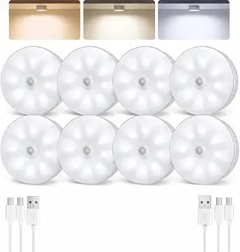 EZVALO 8 Pack Motion Sensor Closet Lights, 1200mAh Rechargeable Under Cabinet Lights, Night Lights, Puck Lights, Dimmable, 3 Color Temps, Magnetic, Stick-On for Kitchen, Stairs, Closet