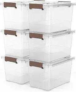 WYT 6-Pack Clear 7 Quart Storage Latch Box/Bins, Plastic Stackable Latching Box with Brown Handle and Lid, Multi-Purpose, 7 Litre