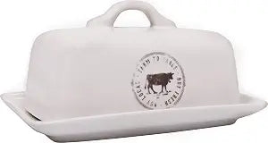 Creative Co-Op Stoneware Butter Dish with Cow Stamp and Farm-to-Table Design, Rustic White