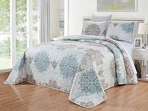Grand Linen 3-Piece Fine Printed Oversize King Quilt Set (115" X 95") Reversible Bedspread Coverlet Bed Cover (Blue, White, Grey Scroll)