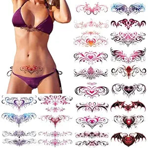 24 Sheets Sexy Belly Temporary Tattoos Black Red Heart Navel Waterproof Tattoo Stickers Bust Stomach Waist Back Fake Body Tattoos for Women