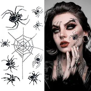 Halloween Spider Face Gems Jewels Tattoos Spider Web Rhinestones Crystal Face Gems Stick on Jewels Temporary Tattoo Stickers Face Body Makeup for Halloween Cosplay Festival Rave Party (Black)