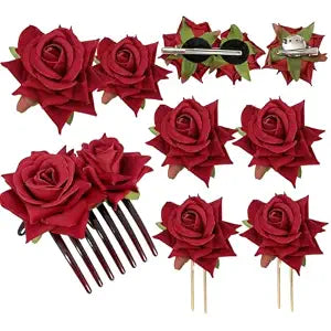 6 Pcs Red Rose Flower Hair Clips - Floral Hair Side Comb Clips Pins Rose Hair Accessories for Bridal Wedding Halloween Costume, Havana Nights Flamenco Mexican Fiesta Dresses Party Prom