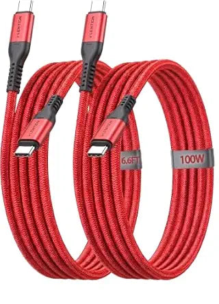 LENTION USB C to USB C Cable 2-Pack 6.6ft 100W Braided Charging Wire (Red)