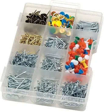 Rocky Mountain Goods 1000-Piece Assortment Kit  Push Pins, Thumb Tacks, Upholstery Nails, Wire Brads, Plasterboard Nails, Escutcheon Nails, Big and Small Nails  Home Everything Kit with Storage Case