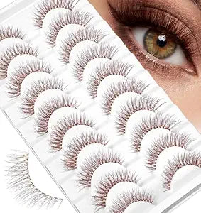 10 Pairs Brown Wispy Lashes, Brown False Eyelashes Cat Eye Wispy Lash, Faux Mink Cat Lashes with Clear Band for Beginners & Professionals